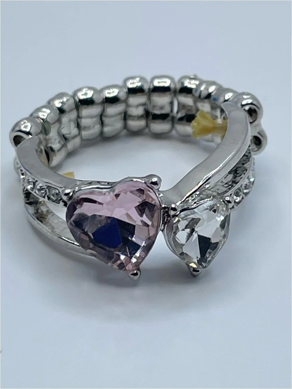 Silver Tone Pink Clear Heart Crystal Stretch Ring Statement